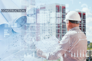 Collage with construction worker holding construction plans