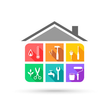 House maintenance service with different tools in colorful flat design