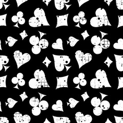 Seamless vector abstract pattern background with icons of playings cards Grunge texture with attrition, cracks and ambrosia. Old style design Graphic illustration. Series of Gaming, Gambling Patterns