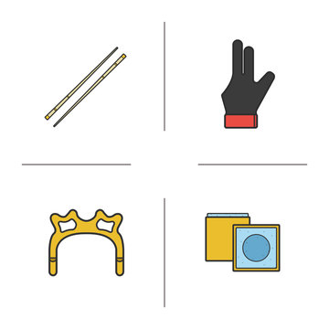 Billiard accessories color icons set