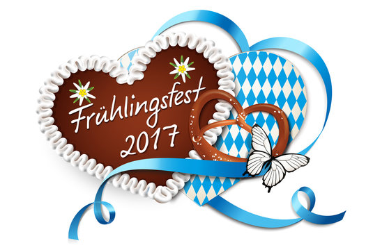 Frühlingsfest 2017 - Beschriftetes Lebkuchenherz und herzförmige Karte mit Rauten, Schleifenband, Brezel und Schmetterling