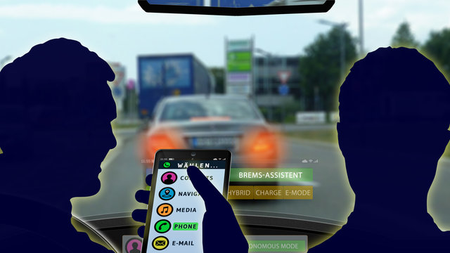 adi35 AutonomousDrivingIllustration - german: Fahrassistenzsystem / Kollisionsvermeidung / Notbremsassistent - english: driving assistance system - collision avoidance system - 16to9 g4972