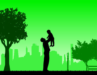 Father plays with his child in the park, one in the series of similar images silhouette
