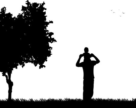 Father carrying a child on his shoulders in the park, one in the series of similar images silhouette