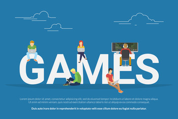 Games concept of young people using laptop and pc for playing e-sport game and having fun. Flat illustration of people sitting near big letters