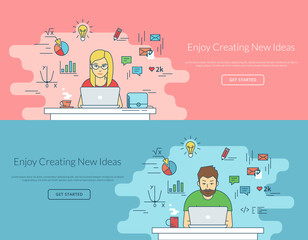 Woman and man working with laptop at work desk. Flat line contour illustration of student working process sitting at home. Educational background of young people learning and studying with computer