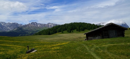Idyllische Seiser Alm mit Holzh&uuml;tte und Wassertr&auml;nke / Sicht Richtung Schlern und Rossz&auml;hne