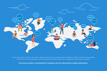 Naklejka premium Global worldwide communication concept illustration of young people using mobile smarthone, tablet and laptop for multicultural social networking and texting. Flat guys and young women on world map