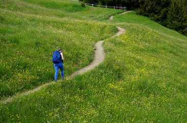 Wanderin unterwegs in Naturlandschaft auf Seiser Alm