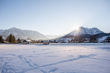 Beautiful view of sunny Austria - Snowy mountains