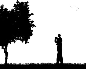 Father carrying a child on his shoulders in the park, one in the series of similar images silhouette