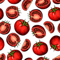 Fototapety  Wektor wzór pomidora rysunek. Pojedyncze pomidory i pokrojone w plasterki. Warzywo