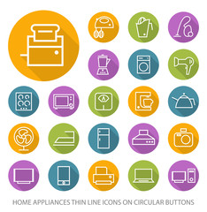 Set of Elegant Universal White Home Appliances Minimalistic Thin Line Icons on Circular Colored Buttons on White Background
