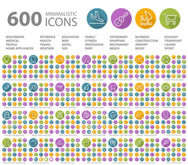 Set of 600 Universal Flat Minimalistic Elegant Standard Thin Line Icons on Circular Colored Buttons on White Background.