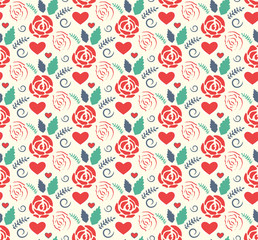 Seamless Love Abstract Pattern with Roses Flowers and Hearts on
