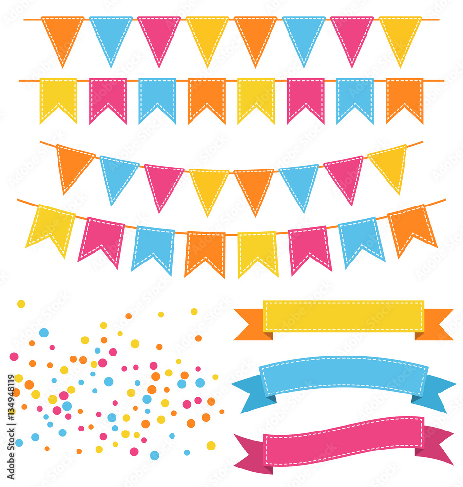 Wall mural Set of Multicolored Buntings Garlands Flags Confetti and Ribbons