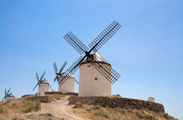 CONSUEGRA, SPAIN . JUNE 24, 2016 Group of windmills in Campo de Criptana. La Mancha, Consuegra, Don Quixote route, Spain, Europe
