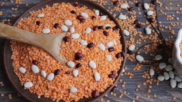  Lentils, legumes, peas, beans  - italian kitchen ingredients. Top view.