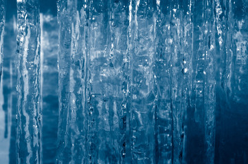 Background of icicles. Frozen water.