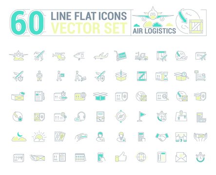 Vector graphic set. Icons in flat, contour, thin and linear design.Air Logistics. Sending freight by air way.Simple icon on white background.Concept illustration for Web site, app.Sign,symbol,emblem.