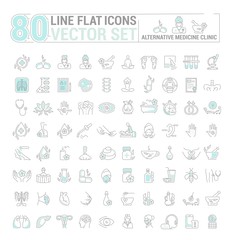 Vector graphic set.Icons in flat, contour,thin and linear design.Center Alternative Medicine. Check up diagnosis.Simple isolated icon.Concept illustration for Web site app.Sign,symbol,emblem.