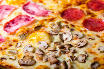 Four taste pizza with pepperoni cheese mushrooms and becon useful for background