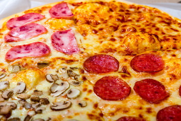 Four taste pizza with pepperoni cheese mushrooms and becon useful for background