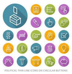 Set of Elegant Universal White Politics Minimalistic Thin Line Icons on Circular Colored Buttons on White Background