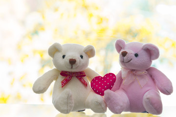 Lovely couple teddy bears with red heart on blur background