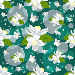 Nice seamless pattern with lemon flowers on turquoise background