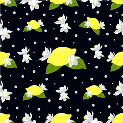 Children seamless pattern with lemon fruits and lemon flowers on dark background