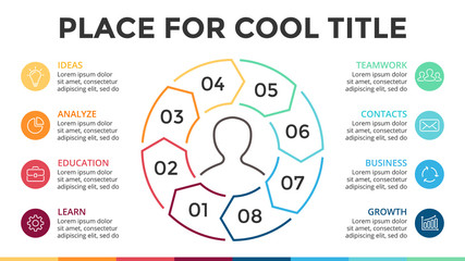 Vector circle linear arrows infographic, cycle diagram, graph, presentation pie chart. Business concept with 8 options, parts, steps, processes. 16x9 slide template.