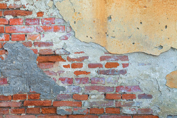 Old brick wall texture. Masonry background. Masonry texture. Brickwork with old bricks, deciduous plaster and pieces of mortar. Variegated run-down wall. Squalid bricken face. Shabby bricking sheet