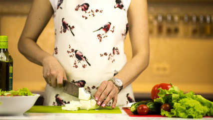 Obraz na płótnie Canvas woman preparing a greek salad