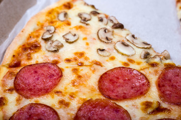 Four taste pizza with pepperoni cheese mushrooms and becon useful for background