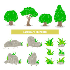 Obraz premium Vector landscape elements,trees, stones, grass isolated on white. Vector Illustration.