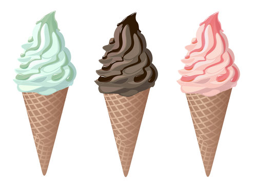 Set of soft ice cream in waffle cones