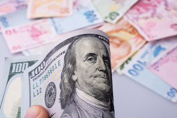 American dollar banknotes and Turksh Lira banknotes side by side