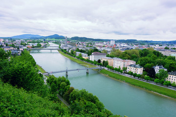 Salzach River in Salzburg, Austria. Famous place Unesco Heritage Festung Hohensalzburg, Salzburger Land, Austria, Europe