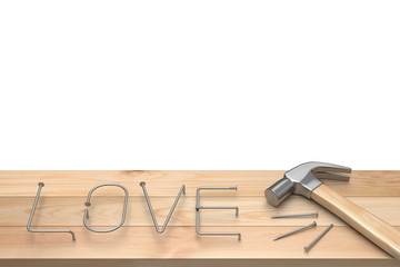  Hammer with love letter made of metal nails on wood table, top view, panoramic banner