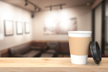 Paper cup of coffee on the wood table with blurred background. 3D illustration