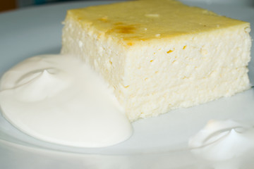 Diet casserole of cheese with sour cream closeup