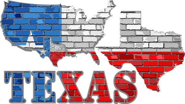 Texas On A Brick Wall - Illustration,
Font With The Texas Flag, 
Texas Map On A Brick Wall