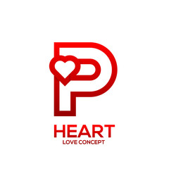 Letter P heart Red color logo,Valentine Day Love Concept Logotype