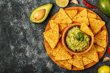 Homemade guacamole with nachos.