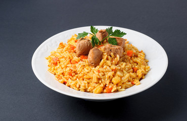 rice pilaf in white plate isolated on gray background