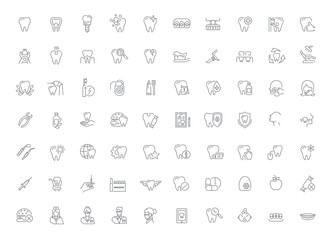 Vector graphic set. Simple isolated Icons in flat, contour, outline, thin and linear design.Dental care and dentist.Dental disease and treatment. Prosthetics, removal. Element, emblem, symbol, logo.