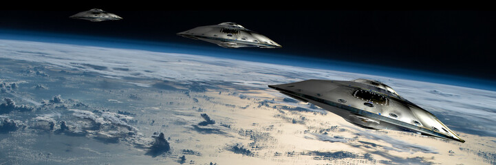 A fleet of flying saucers approach Earth - Elements of this image furnished by NASA. - 134957510
