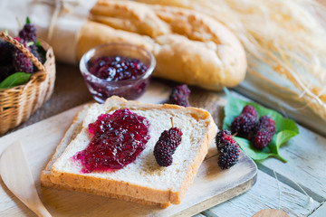 mulberries jam on bread with mulberries fruit