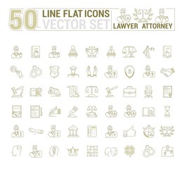 Vector graphic set. Icons in flat, contour, thin and linear design.Lawyer. Law and case law. Simple icon on white background.Concept illustration for Web site, app. Sign, symbol, emblem.